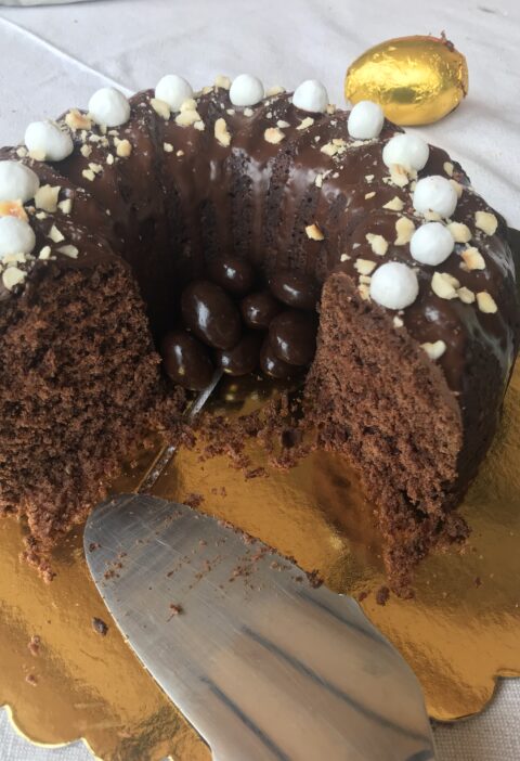 bizcocho con harina de espelta y azucar de coco, con agujero, bizcocho de chocolate con mermelada, saludable y casero