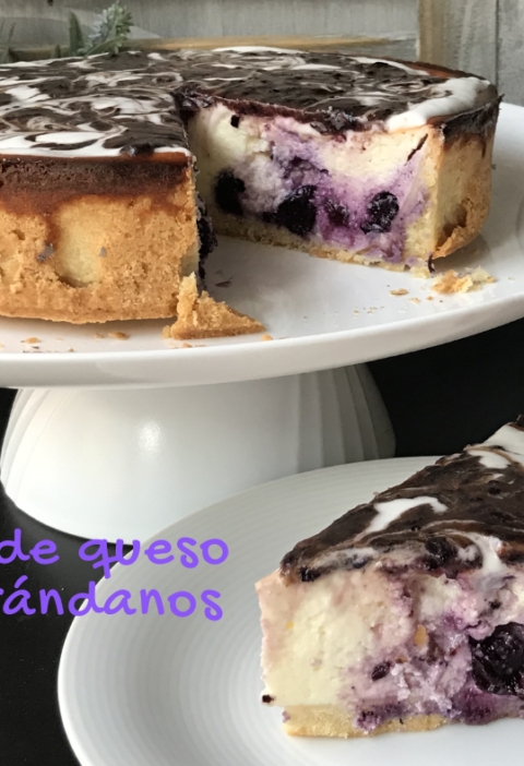 tarta de queso con arándanos frescos, yogur y limón, al horno, sin harina, sin azúcar, sin gluten
